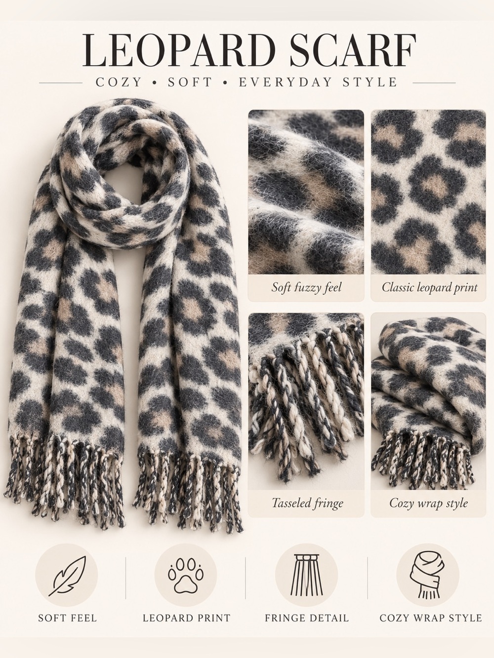 I AM LEOPARD PRINT OVERSIZED SCARF – GREY/GREAM (NEW WITH TAGS) A38